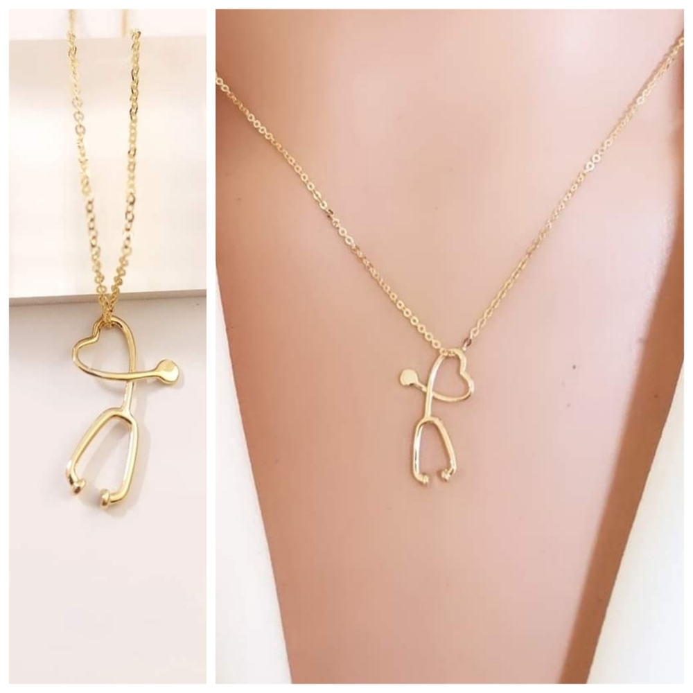 Authentic Real 18k Solid Gold Stethoscope Heart Pendant with Chain Necklace